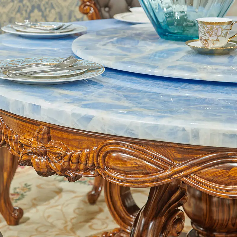 European style round marble dining table and chair set 8 seater solid wood carved dining table with rotating centre baroque