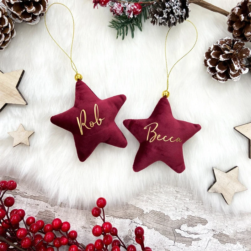 Wholesale Hanging Star Small Name Velvet Star Christmas Tree Ornaments Personalized Star Pillow
