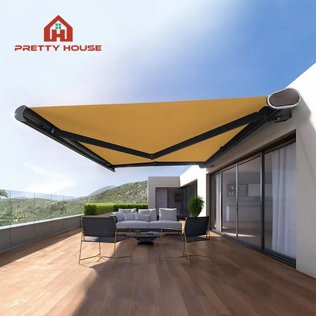 Outdoor Electric Retractable Awning Folding Arm Full Cassette Awning Motorized with LED Light