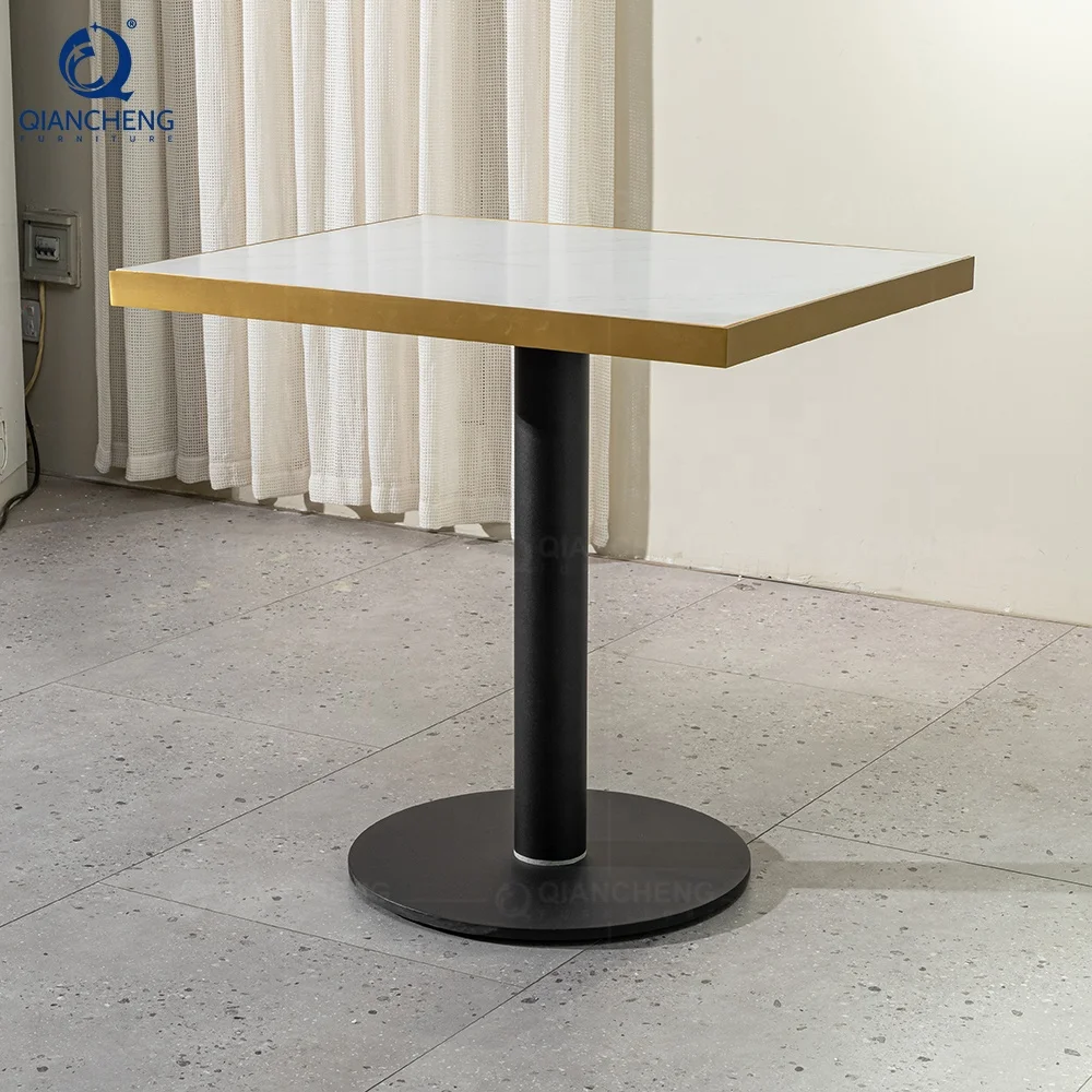 QIANCHENG hotel restaurant buffet tables cast iron dining table iron leg white marble top restaurant square bar table