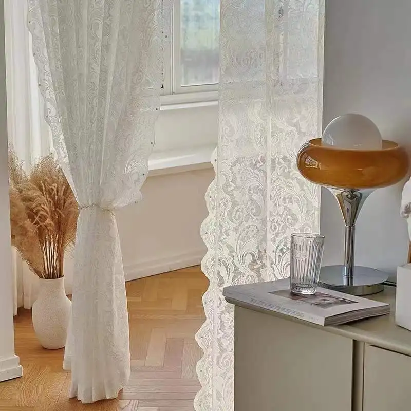 White Tulle French Pastoral Beaded Lace Curtain,Online Natural Light White Net Curtain Transparent