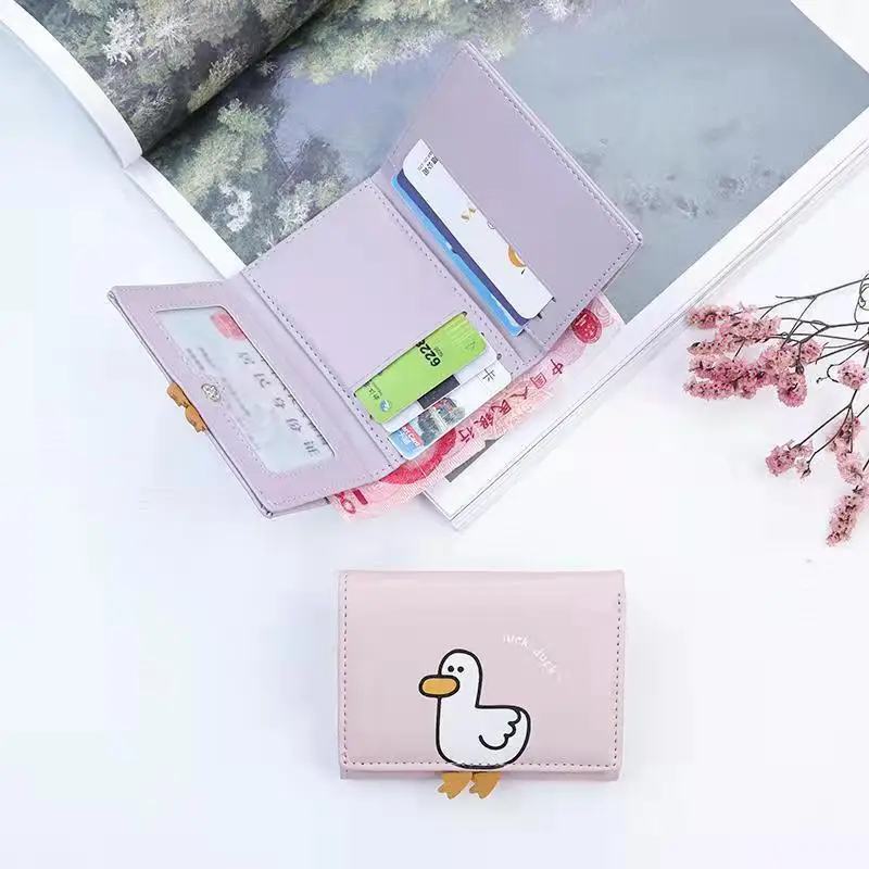 Multi-slot Three Fold Pack Luck Duck Short PU Wallet Lady Kids Cute Duck Printed Coin Purse with Magnet