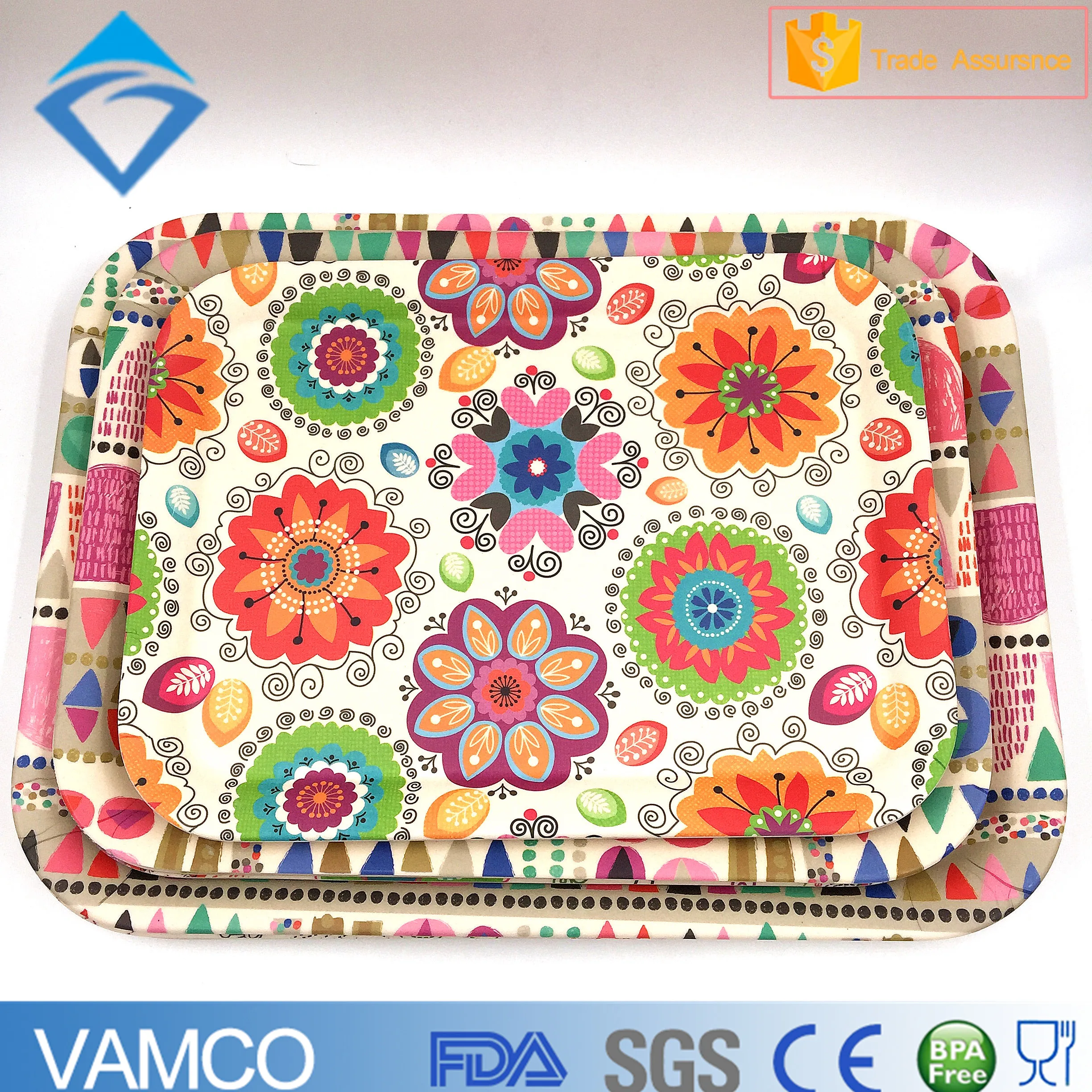 natrual bamboo fiber tray,  non-slip square serving tray, decal tray with hand grip