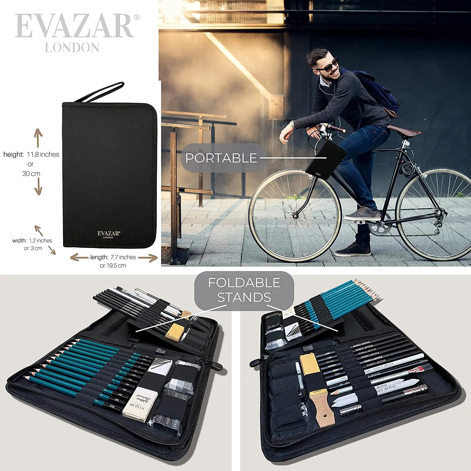 EVAZAR London 44pcs Sketching and Drawing Art Supplies, Includes Graphite & Charcoal Pencils & Sticks Plus Accessories