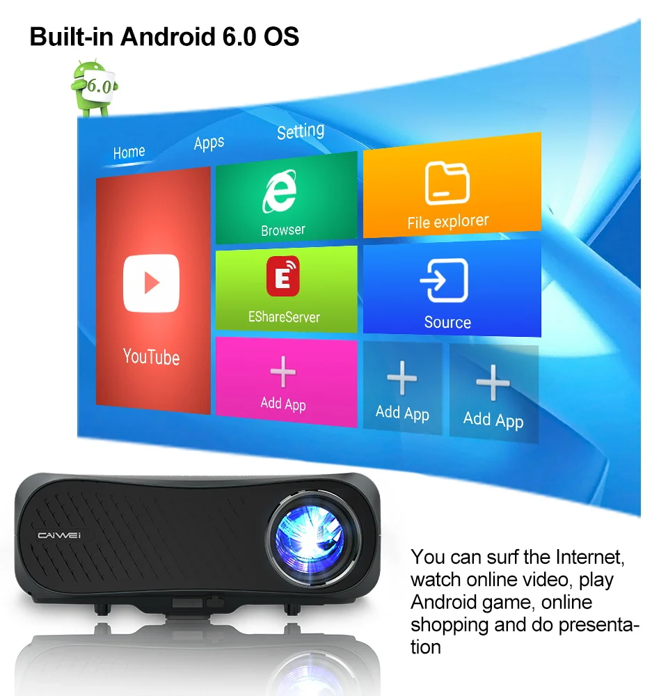 CAIWEI Full HD Projector 1920x1080P  Android (2G+16G) WIFI Blue tooth LCD LED Projector for Home Cinema Video Beamer for 4K
