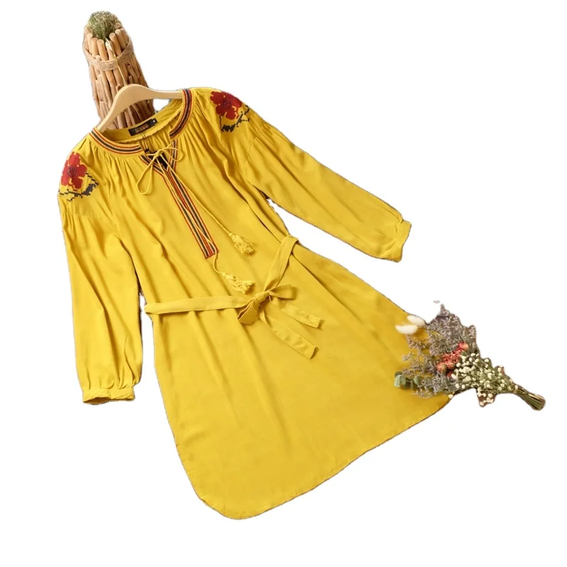 High quality classic Bohemian print embroidery V-neck summer casual fringe belt womenswear