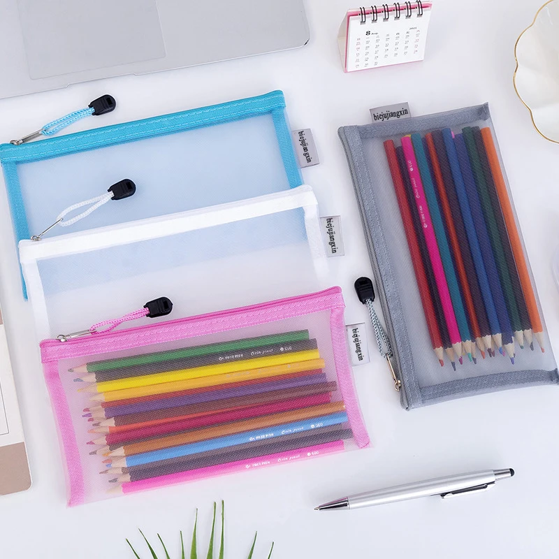Stationery Office Custom Logo A4/A5/A6 Folder Nylon Zipper Mesh Ducoment File Bag Transparent Pencil Bag Makeup File Folder Bag