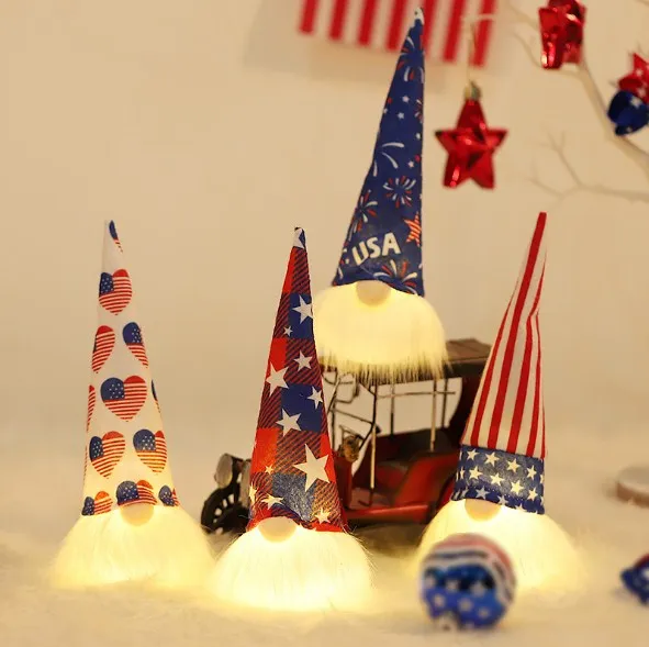 Hot Sale patriotic 4th of July Stars Gnomes Handmade Elf Doll Home farmhouse Decoration with light
