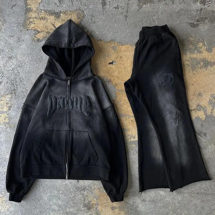 Tracksuit Manufacturer 100% Cotton Heavy Weight Custom Puff Print Acid Wash Sun Faded Zip Up Oversized Hoodies And Sweatpants