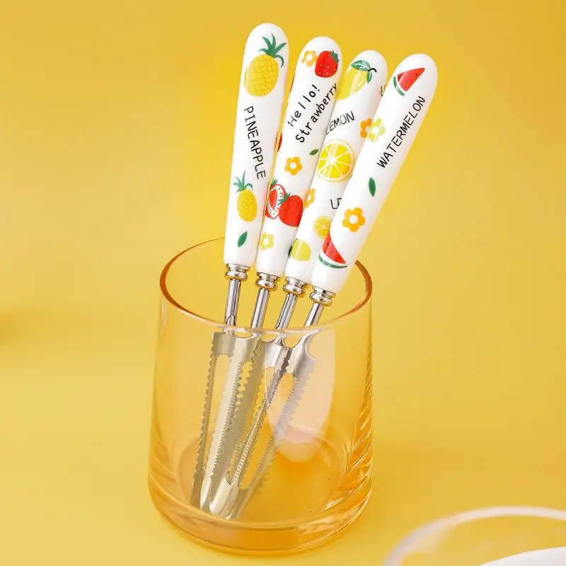 Cute Fruit Pattern Stainless Steel Coffee Food Steak   Ceramic Knife Fork and Spoon Chopsticks Western Tableware Set