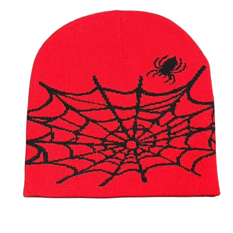 Wholesale Unisex Cool Beanie Hats Spider Web All Over Printing Custom Logo Warm Cap Acrylic Jacquard Knitted Cuffless Beanie