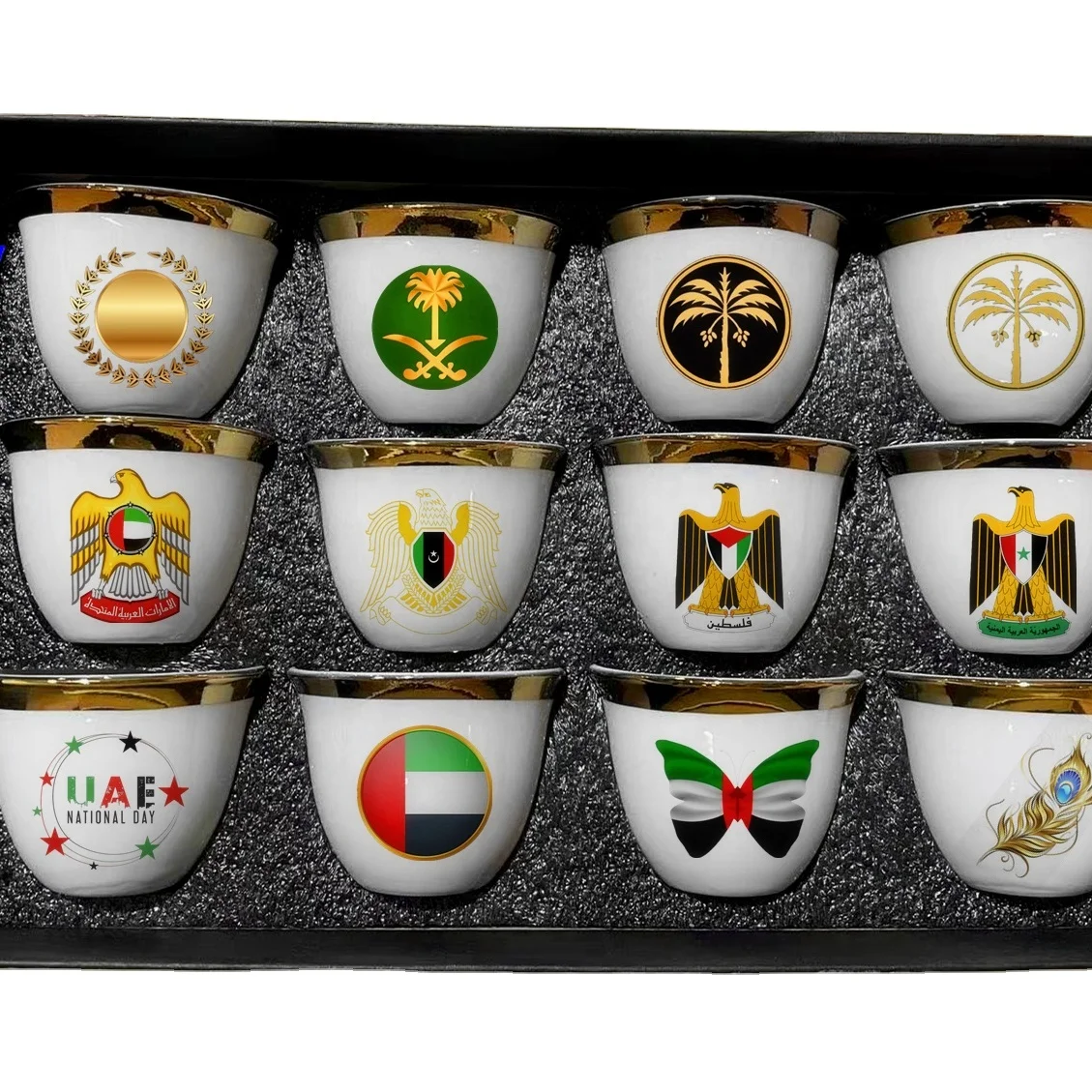 UAE Eagle Flag Ceramic Cawa Coffee Mugs Tea Set Cups Turkish Arabia Gift box Kitchen Drinkware Golden Ethiopian Label Customize