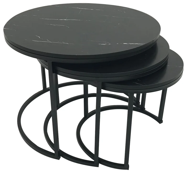 Contemporary Round Nesting Coffee Table Bent Black Gold Metal Side Glass Marble Stone MDF Wood Nest of 3 Table Set Nesting Table