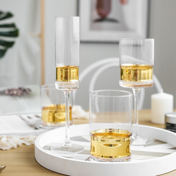 Gold rimmed metallic electroplating gold line wedding decorated drinking glass set / wine glass Crystal White & Red Wine Glasses