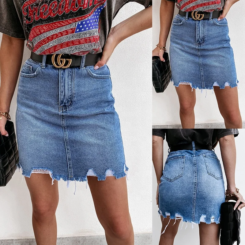 Fashion Denim Raw Edges Jeans Skirt  Custom Casual Mid waisted Maxi Skirt Private Slight Stretch Denim Skirt For Women