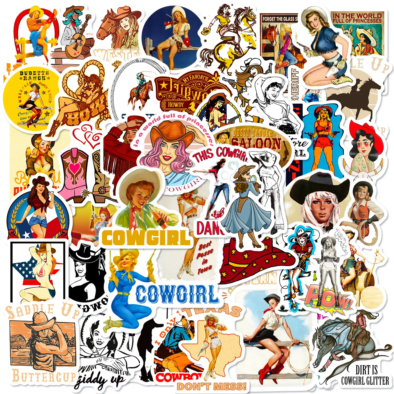 50Pcs Fashion Cowgirl Sexy Lady Graffiti Stickers For Bottle Refrigerator Decor Texas Cowboy Western Culture Sticker