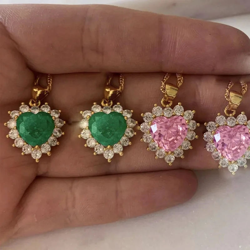 18K Gold Plated Hip Hop CZ Cubic Zircon Titanium Stainless Steel Chain Heart Brass Pendant Jewelry Necklaces