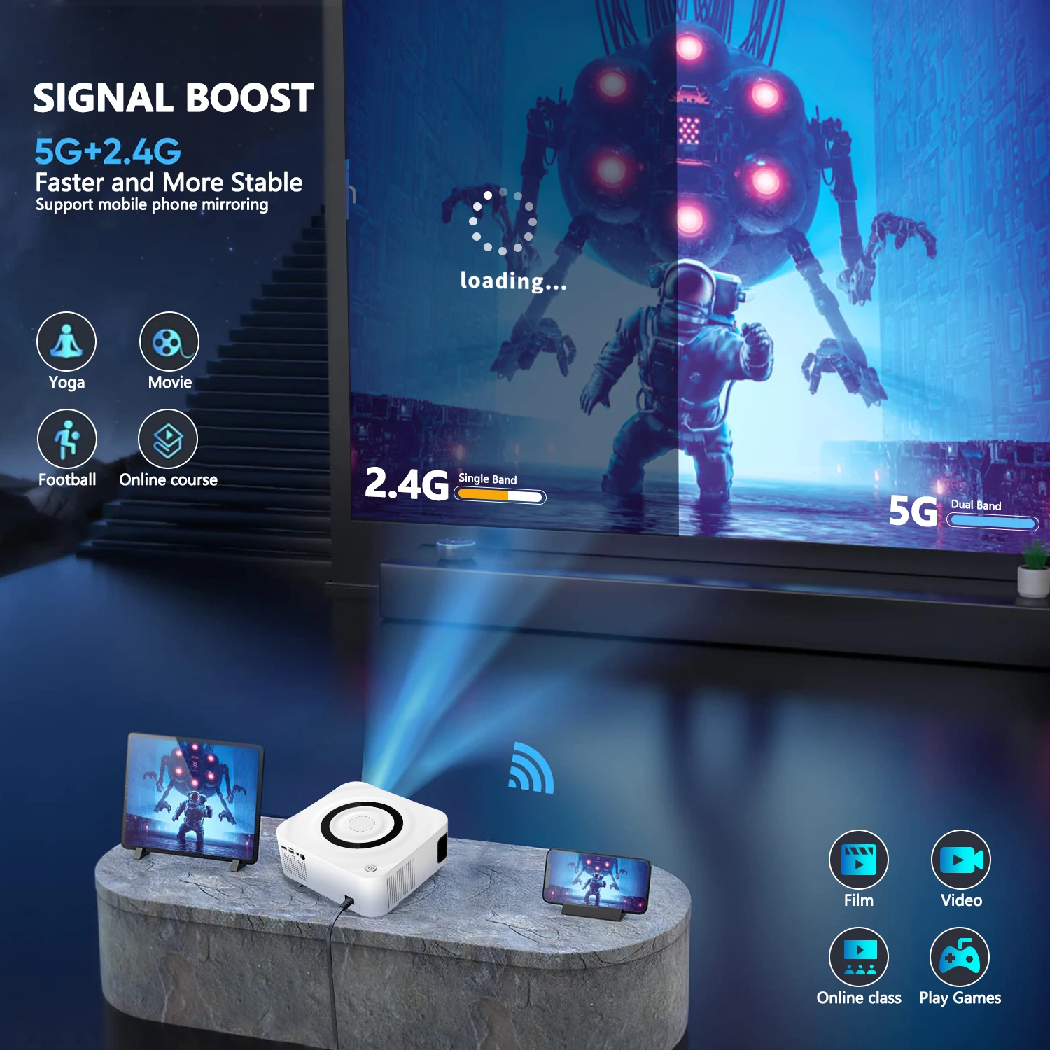 Native 1080P Full HD BT Projector with Speaker 9500 Lumens Outdoor Portable Movie Mini Projector Compatible with Laptop