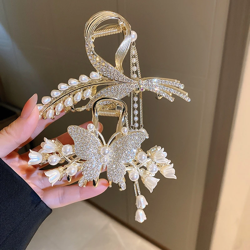 fashion large elegent pearl crystal tulip butterfly hair clips claw
