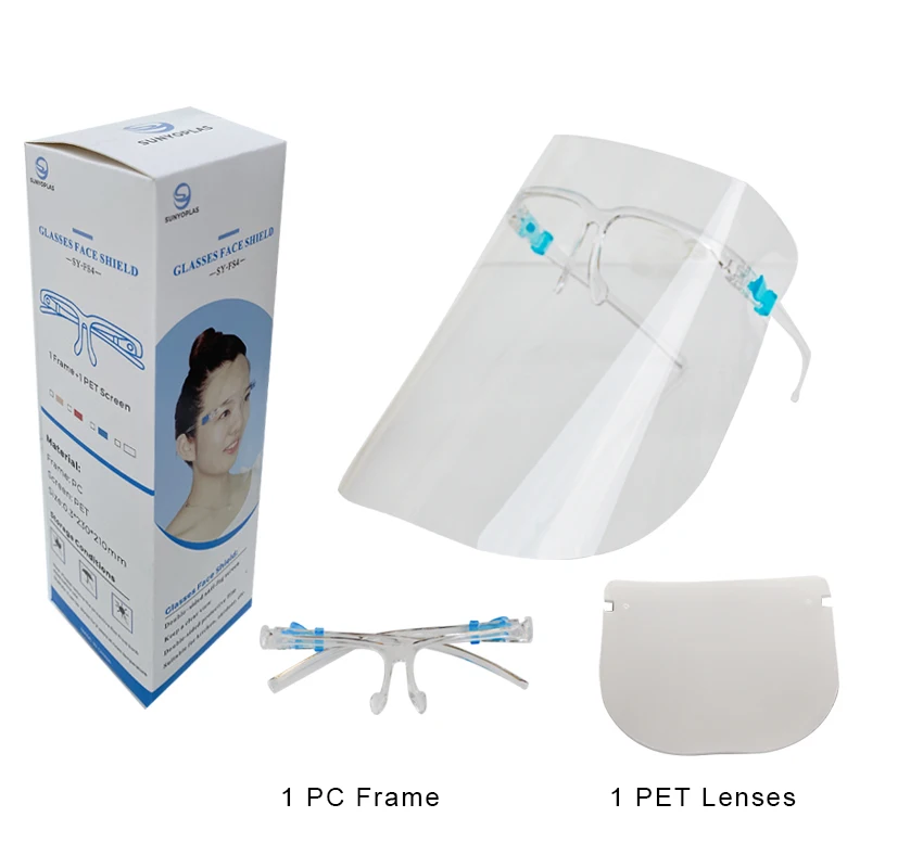 Manufacturer Fashion Protective  Anti-fog Anti-spray Plastic Face shield Face Visor with Glasses Frame