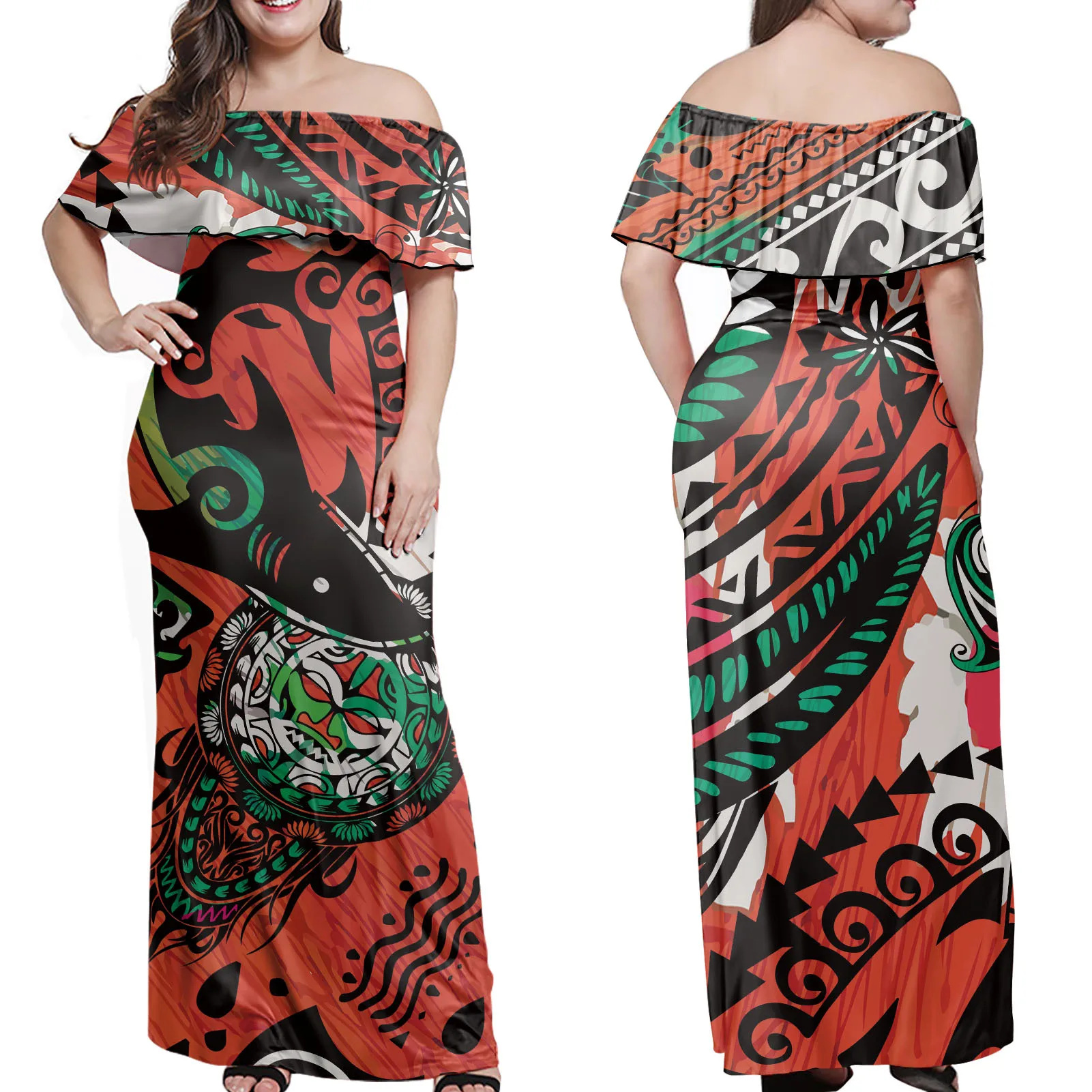 
2021 Private Label Polynesian Tribal Stripe Custom Logo Print Off Shoulder Dresses Lady Sexy 4XL 5XL 6XL 7XL Women Dress 