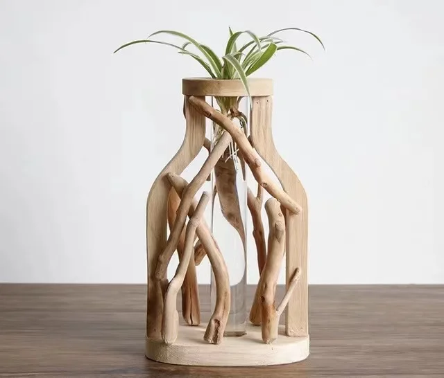 Wooden transparent vase living room office desktop decoration vases Pure handwork flower wooden vases