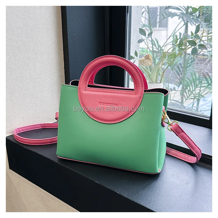Trendy Pink and Green Color Blocking Crossbody Bag Multi-layer Square Flap Sorority Handbag Perfect Shoulder Bag
