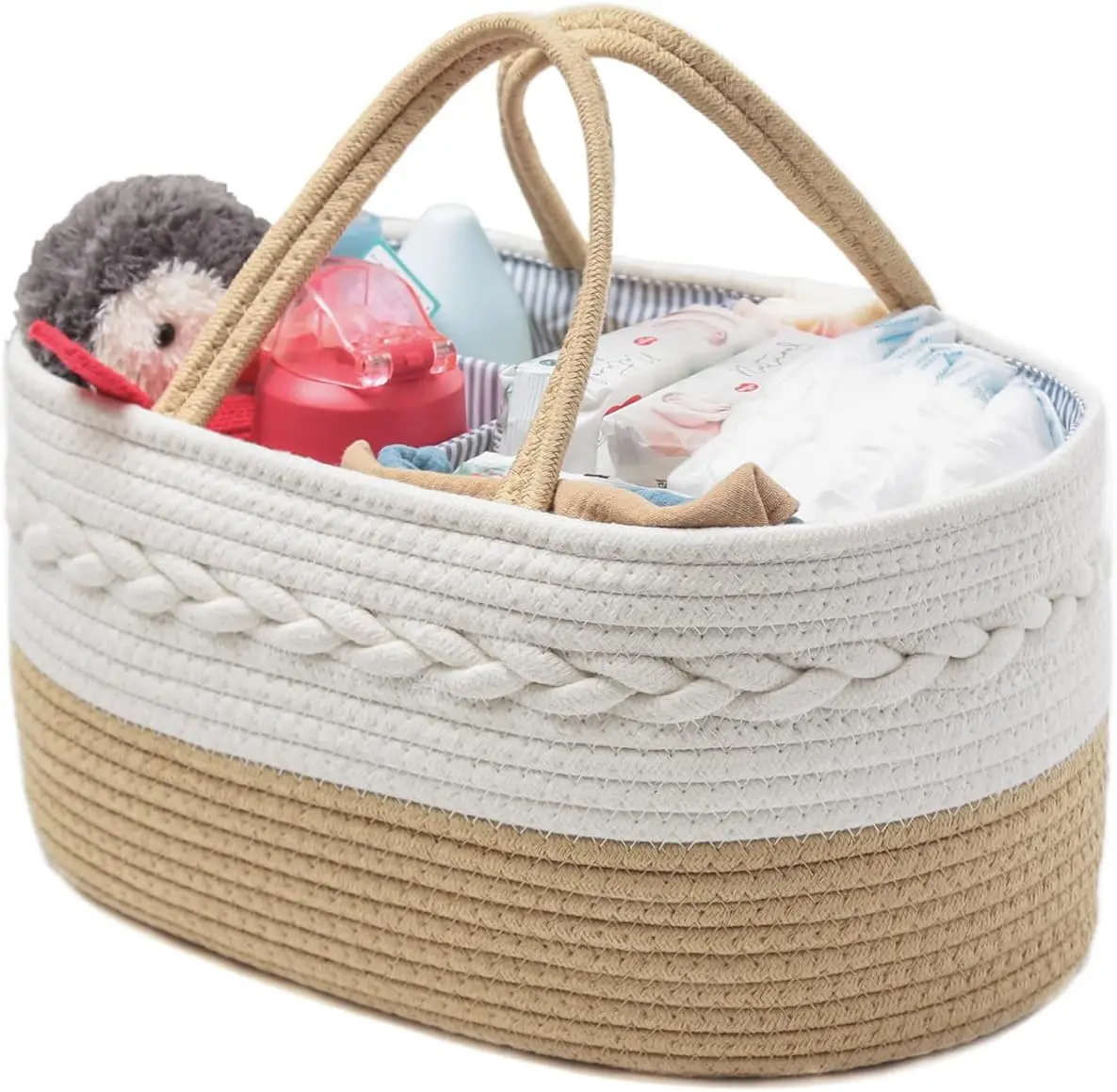 Rope Woven Nursery Storage Basket with Adjustable Divider ,Baby Diaper Caddy Organizer, Portable Car Travel Diapers Organizer