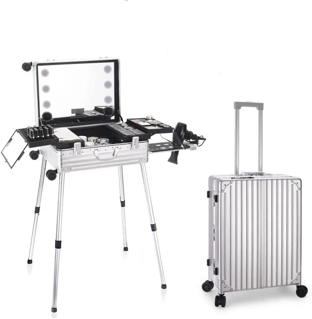 Makeup Trolley Case LED Light Mirror Case Silver Suitcase Folding Table Bag Aluminum Rolling Makeup Case