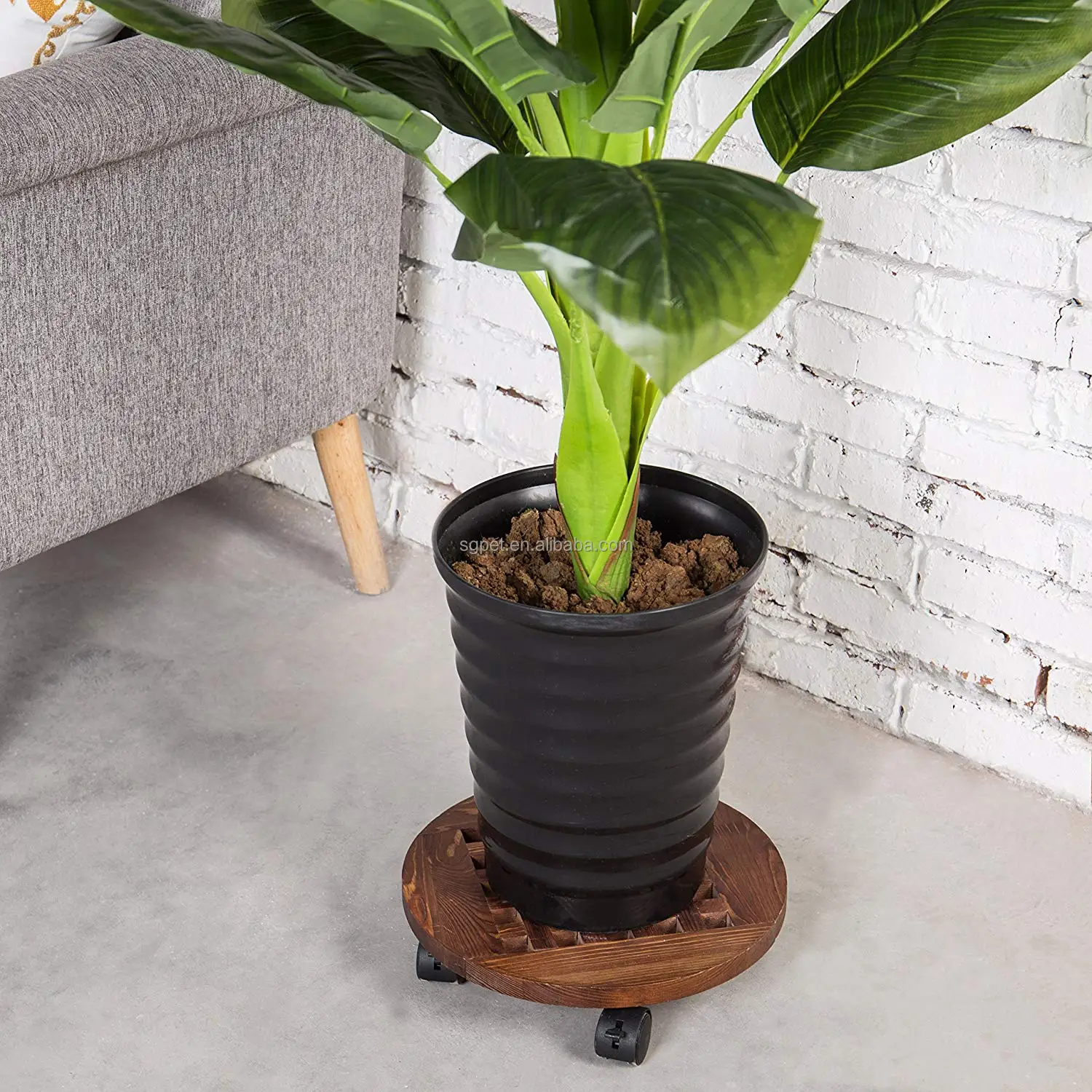 Wholesale customize Gridding  Round Wooden plant mover with wheels, Plant pot Trolley  Wooden Trolley