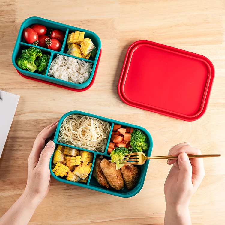 Portable 4 compartment  BPA Free  Baby Food Containers  Silicone Bento kids lunch Box Set