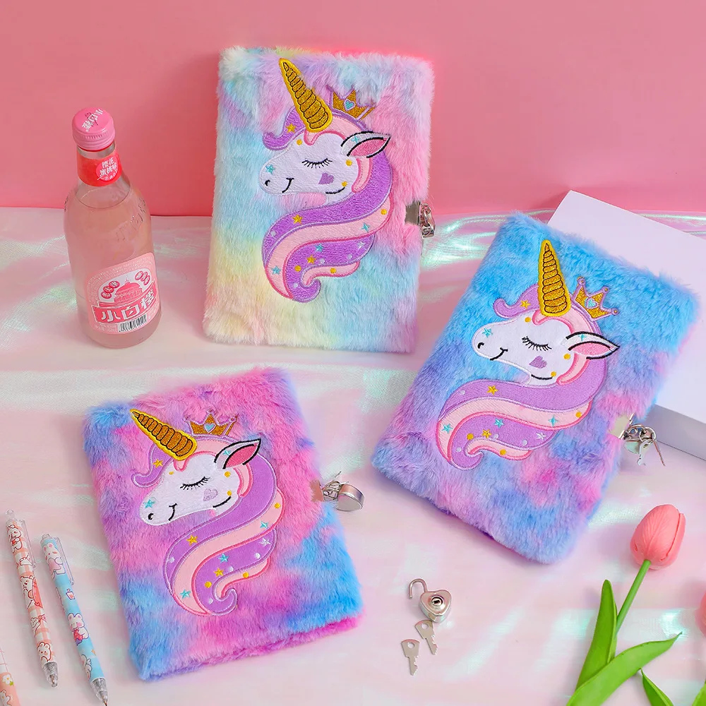 2023 Hot Selling Creative Cute Cartoon Unicorn Notebook Plush Diary With Lock And Key For Girl