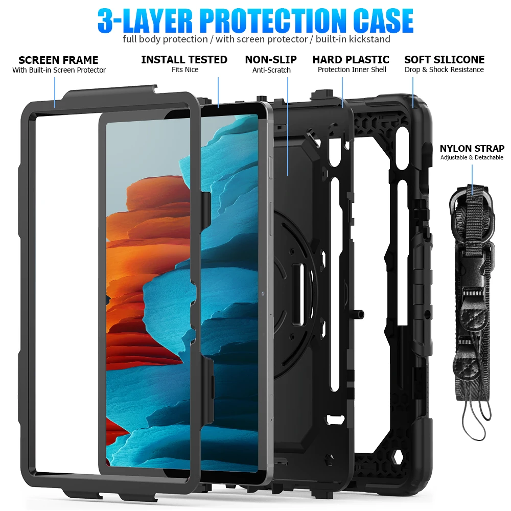  Вращающийся на 360 градусов экологичный противоударный защитный чехол с ремешком и подставкой силиконовый для планшета Samsung Galaxy Tab S7 T870 T875