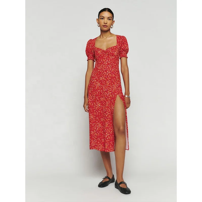 Women Red Floral Print Dress Sweetheart neckline High slit Puff sleeve Ruching on bodice Short sleeve  high side slit midi dress