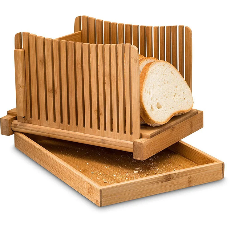 Bamboo Bread Slicer With Fully Adjustable Loaf Width And Foldable Compact Cutter Plus Stainless Steel Bread Knife