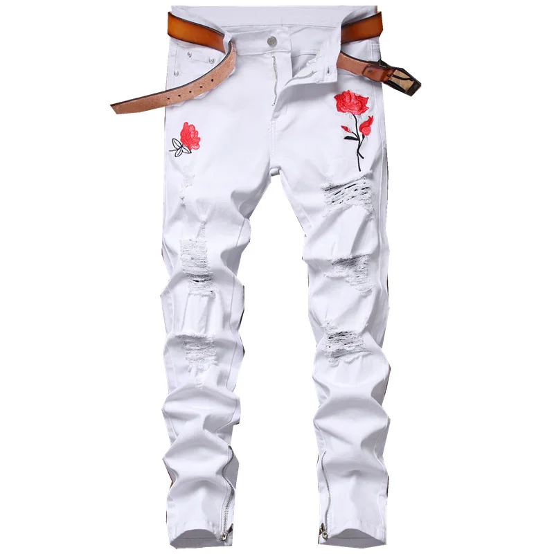 Wholesale Ripped Men Floral Embroidery White Denim Jeans Damaged Washed Stretch Skinny Slim Jean Pants