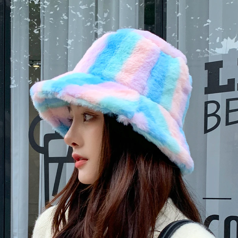 .2022 Faux Fur Bucket Hat For Women Winter Thicken Warm Rainbow Colorful Striped Luxury Bucket Hat