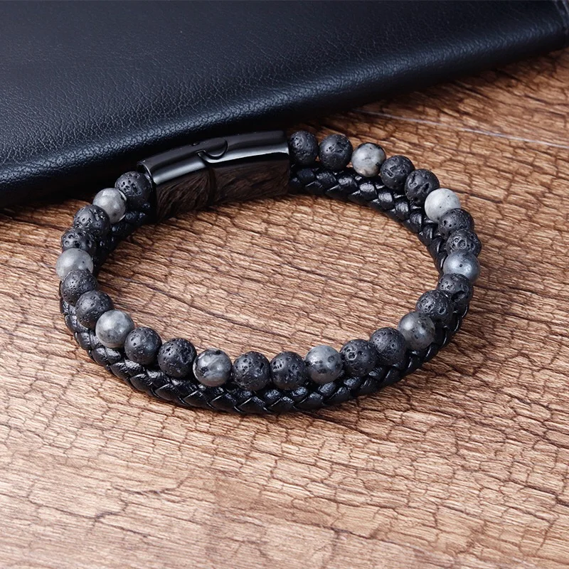 fashion stainless steel bangle bracelets hot jewelry trends magnetic leather treaty men sporty stone bead bracelet