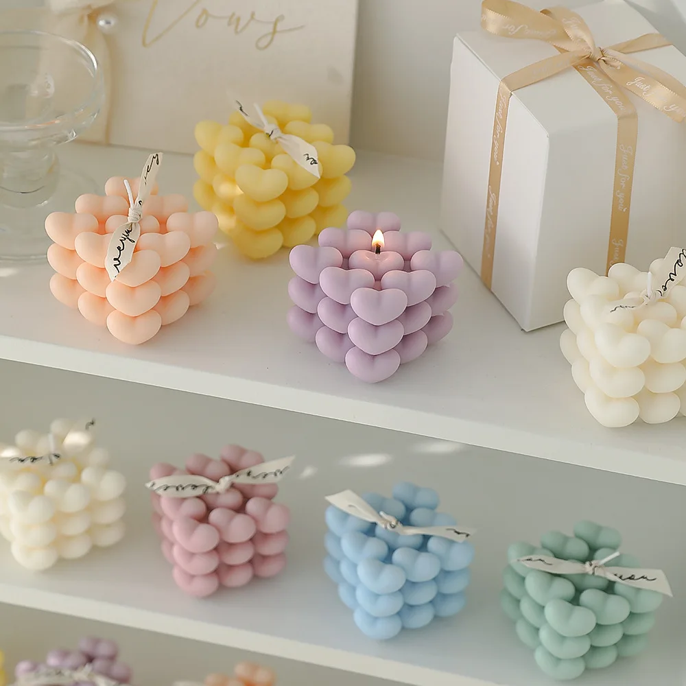 Ins Popular Customized Colors Heart Shaped Candle Trendy Love Cube Scented Candle for Wedding Birthday Decor