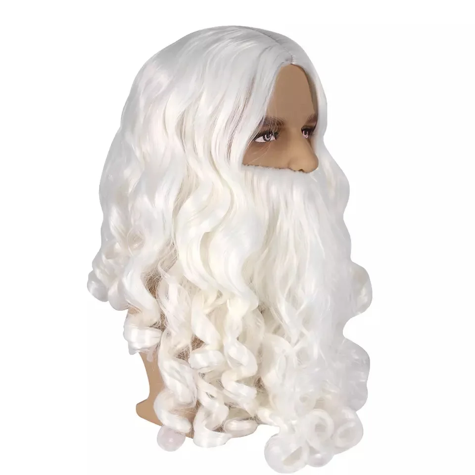 Christmas Cos Dress Up White Middle Parted Long Curly Beard Set Santa Claus Wig Long Curly Beard