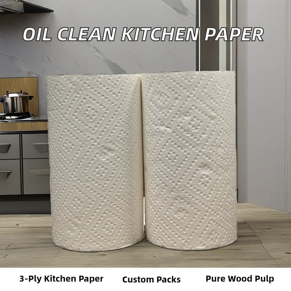 22cm Household Disposable Three-Layer Kitchen Paper Towel 3-Ply Absorbent Virgin Wood Pulp Roll for Oil Cleaning Soft Convenient