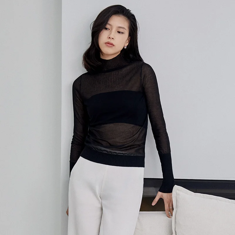 Лидер продаж, облегающая Прозрачная черная футболка с длинным рукавом и воротником-стойкой