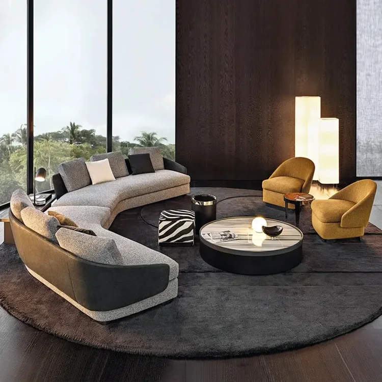 New high end Italian designer modern linen fabric curved sofa set with leather back cover furniture