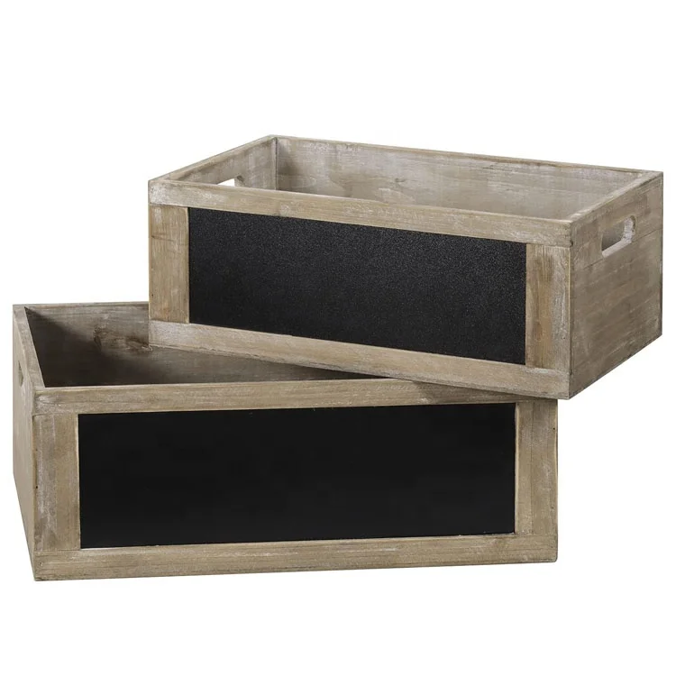 set of 2 Rustic Brown Wood Decorative Storage Boxes with Chalkboard and Handles for home