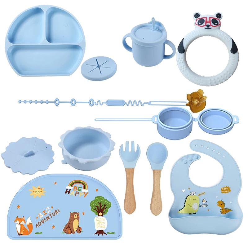 Factory Direct customizable non toxic strong suction plate and bib fork spoon cup baby silicone feeding set