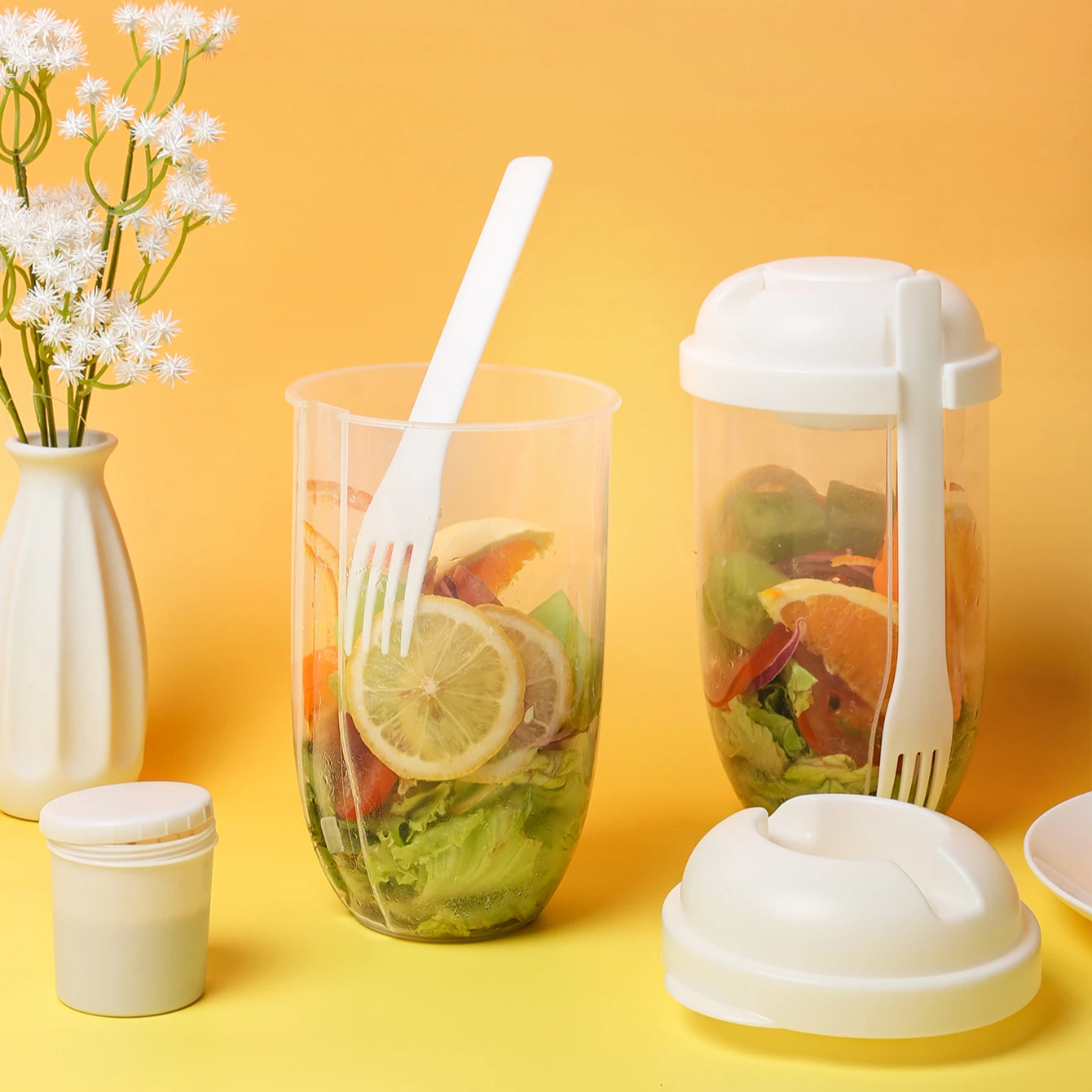 Grinkwell 1000ml Health Fitness Vegetable salad Container Fruit Cup Fruit Plastic Salad Shaker Cup With Fork