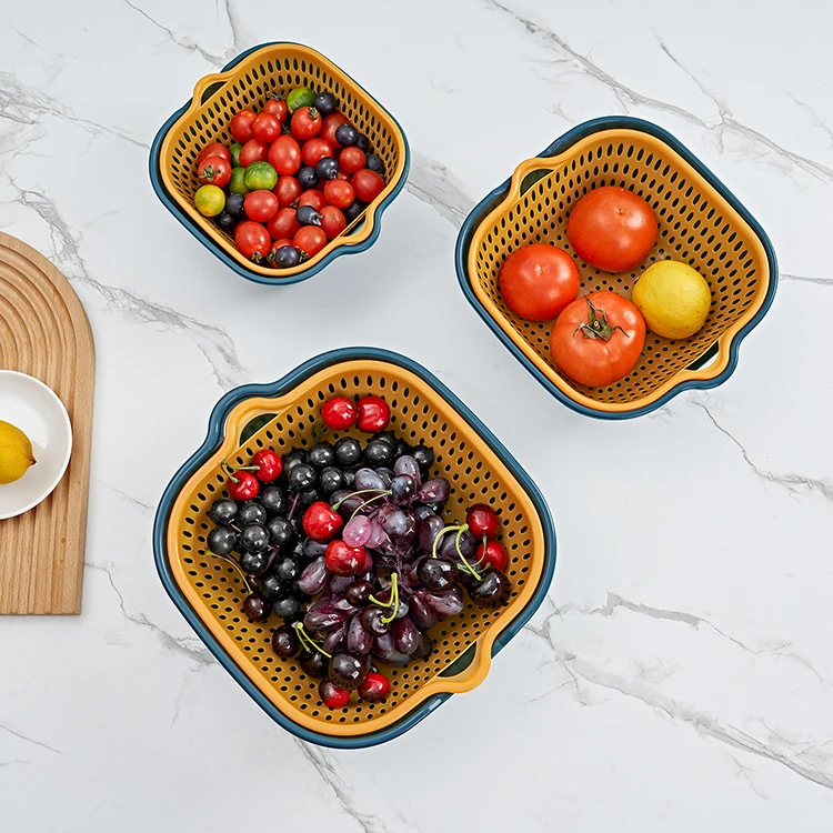 Double Layer Fruit Vegetable Washing Drying Storage Basket Drain Basket With Handle