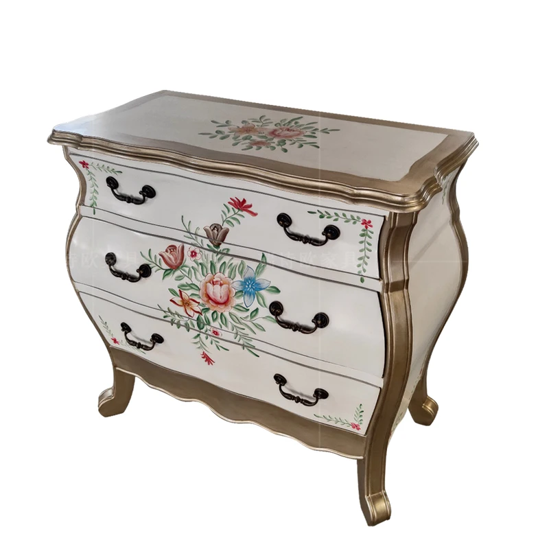 Antique French-Style Solid Wood Green Chest of Drawers Living Room Furniture with Wooden Drawing Cabinets