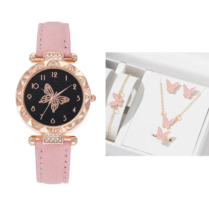 5PCS/Set Butterfly Necklace Earring Ring Bracelet Watch Gift Set Fashion Butterfly Buckle Leather Watch Strap Watches Jewelry