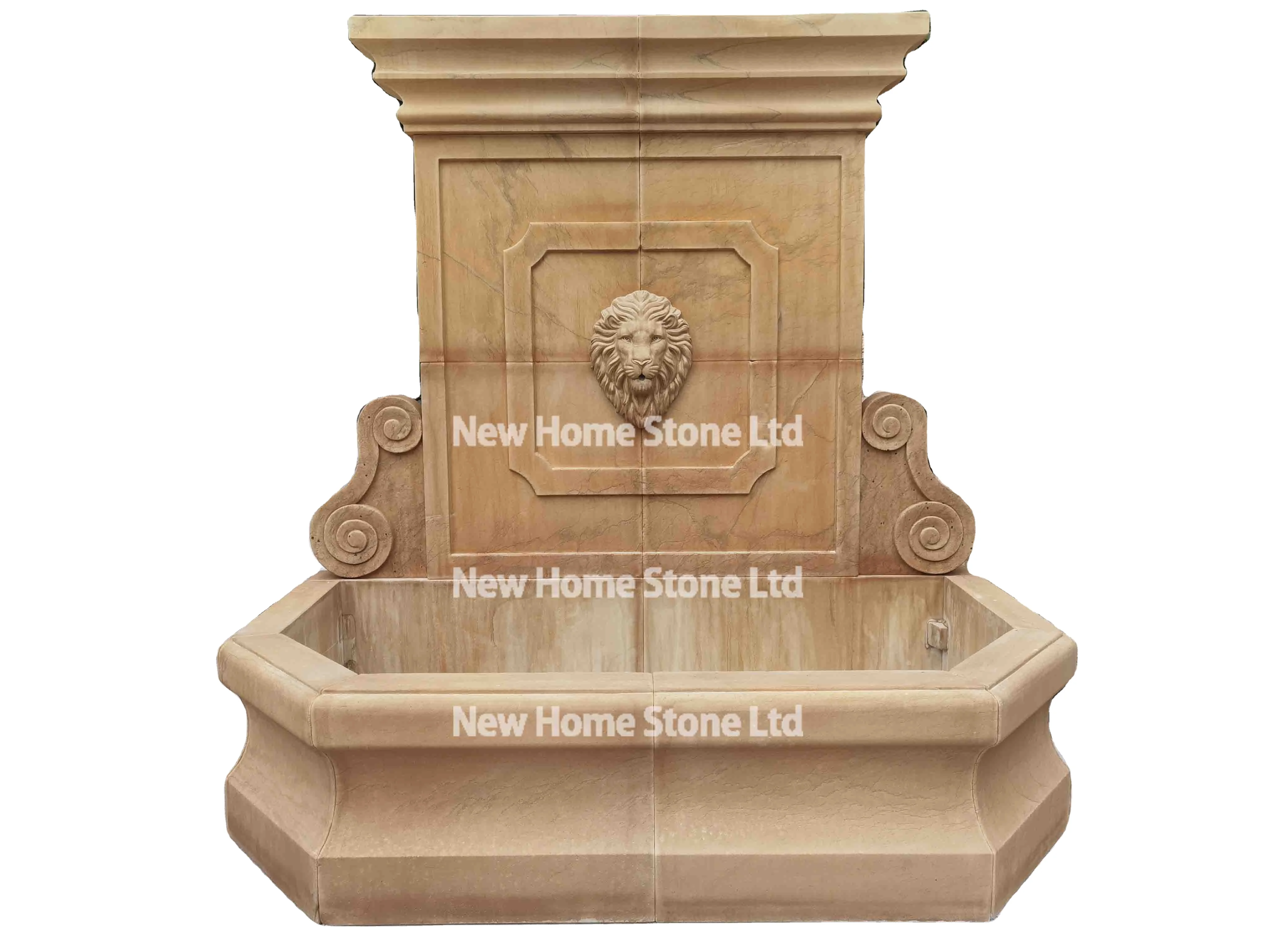 Antique beige stone wall fountain with lion head waterfall marble water limestone fountain for garden decor
